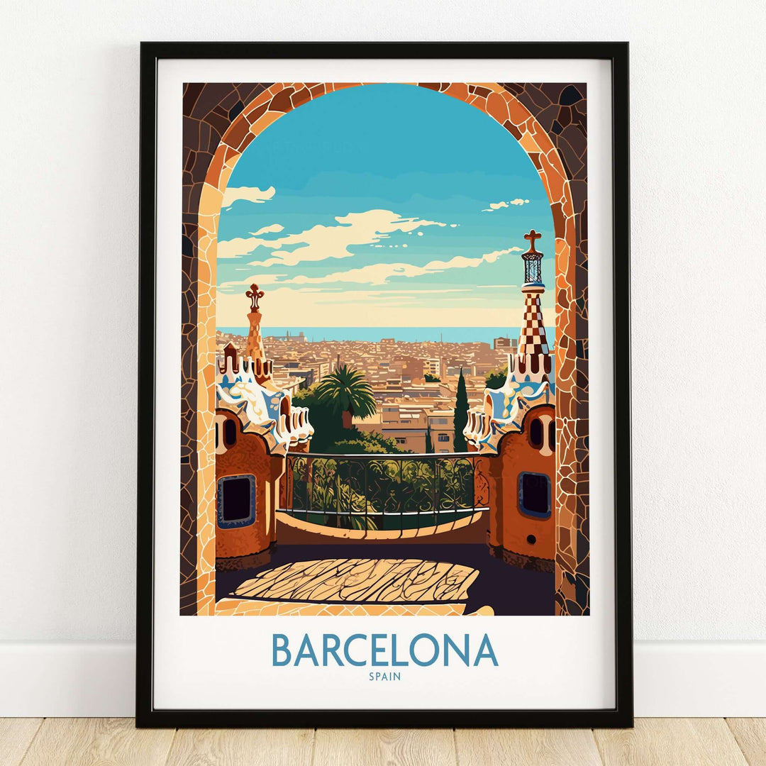 Barcelona Wall Art | Modern Style - Vibrant travel poster showcasing Barcelona's skyline from Park Güell.