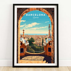 Barcelona Poster - Park Güell Print showcasing the vibrant landscape and stunning architecture of Barcelona, Spain.