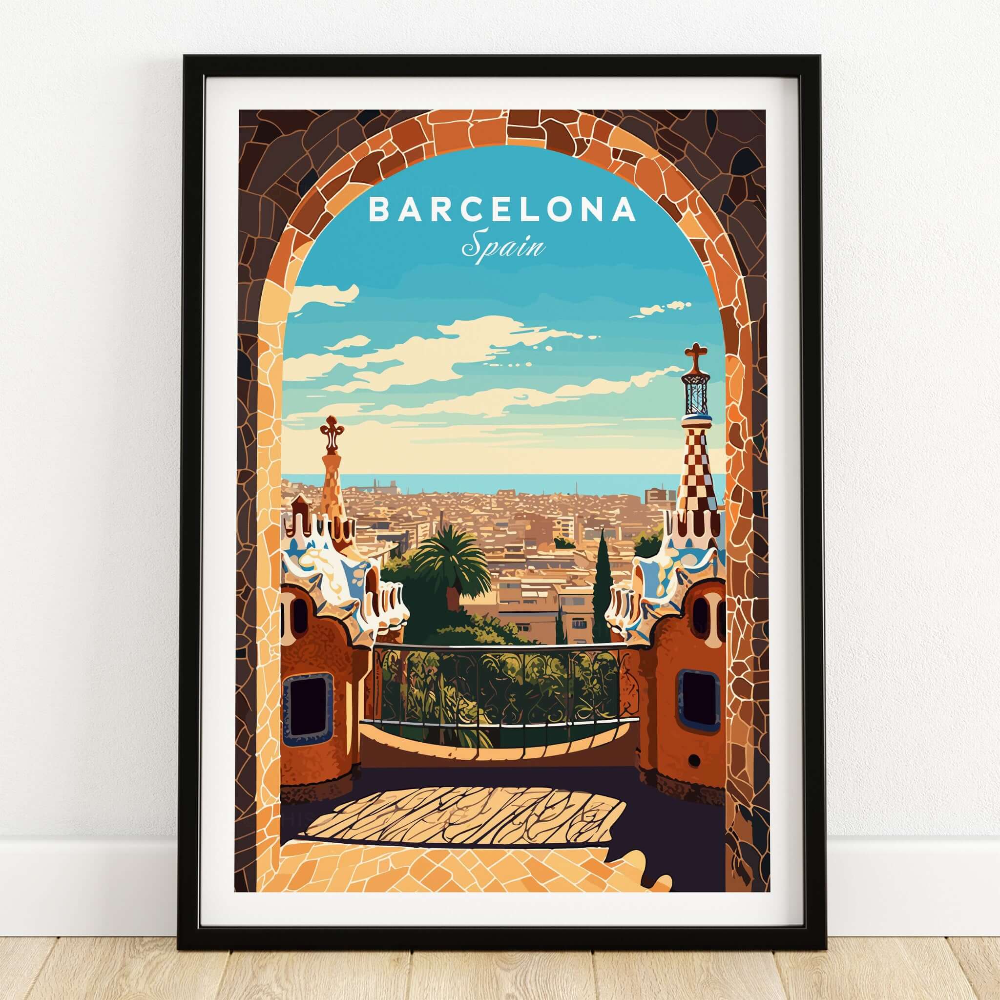Barcelona Poster - Park Güell Print showcasing the vibrant landscape and stunning architecture of Barcelona, Spain.