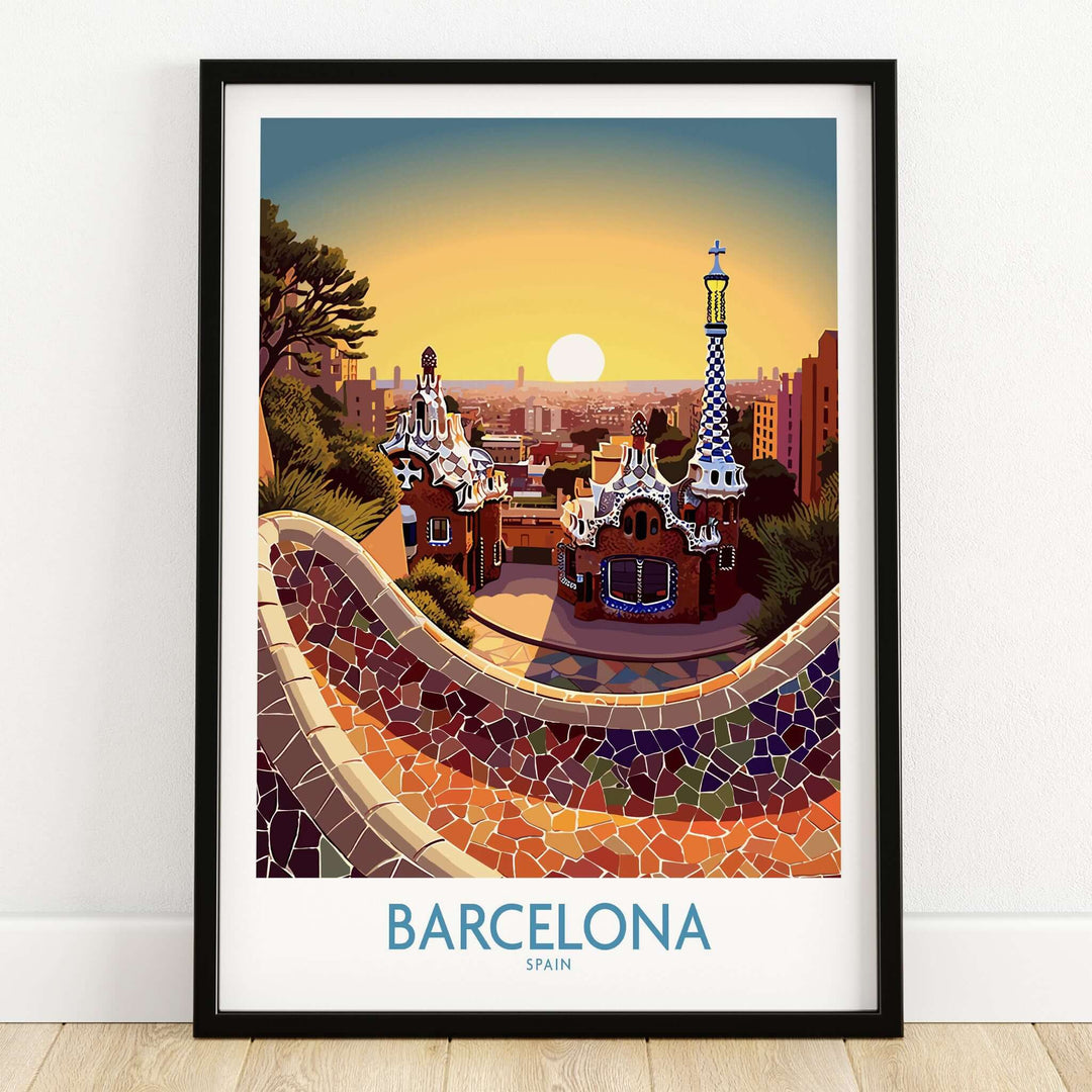 Barcelona Park Guell Poster | Modern Style - Vibrant depiction of Park Güell at sunset.