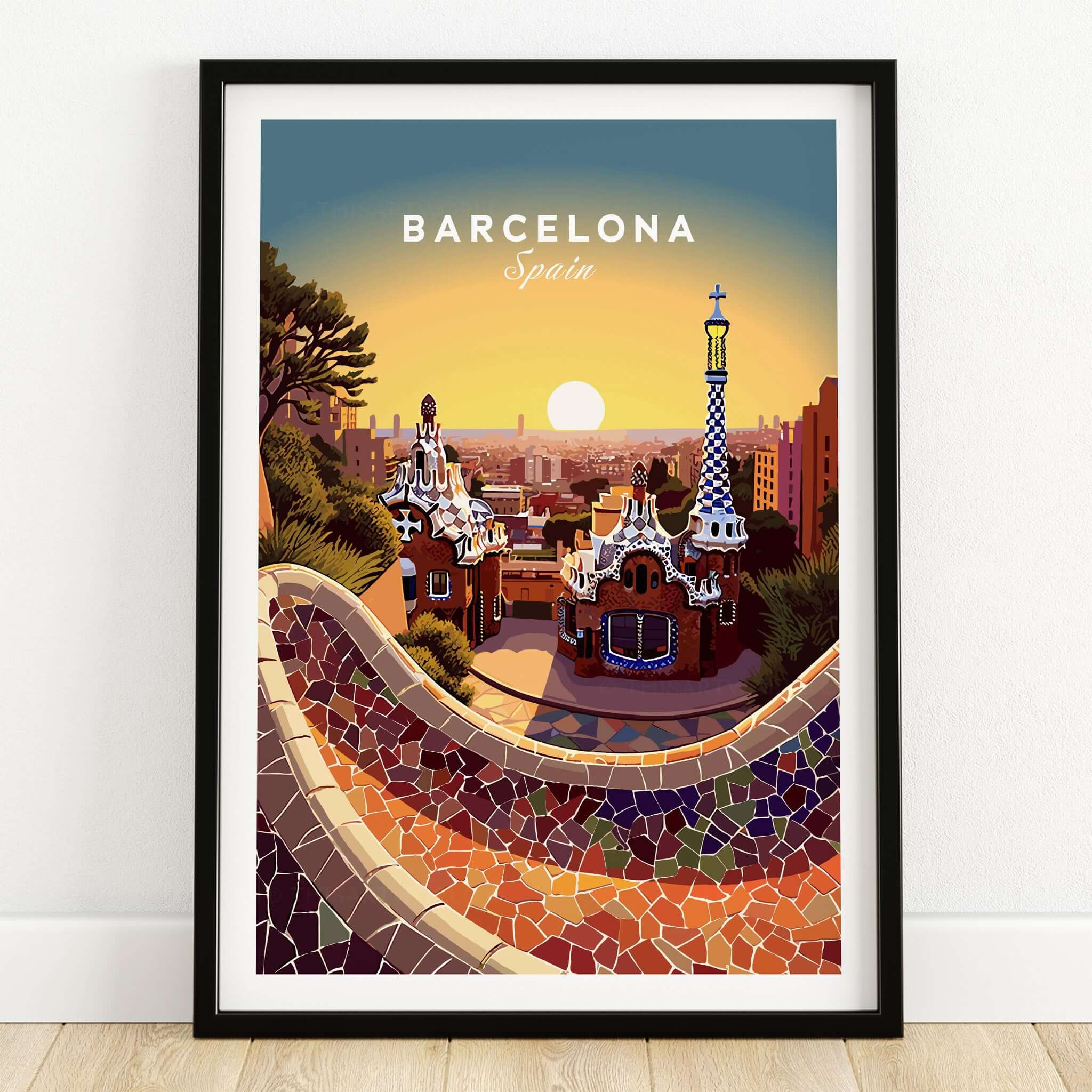 Barcelona Travel Poster Print featuring vibrant sunset view of Park Güell in Spain.