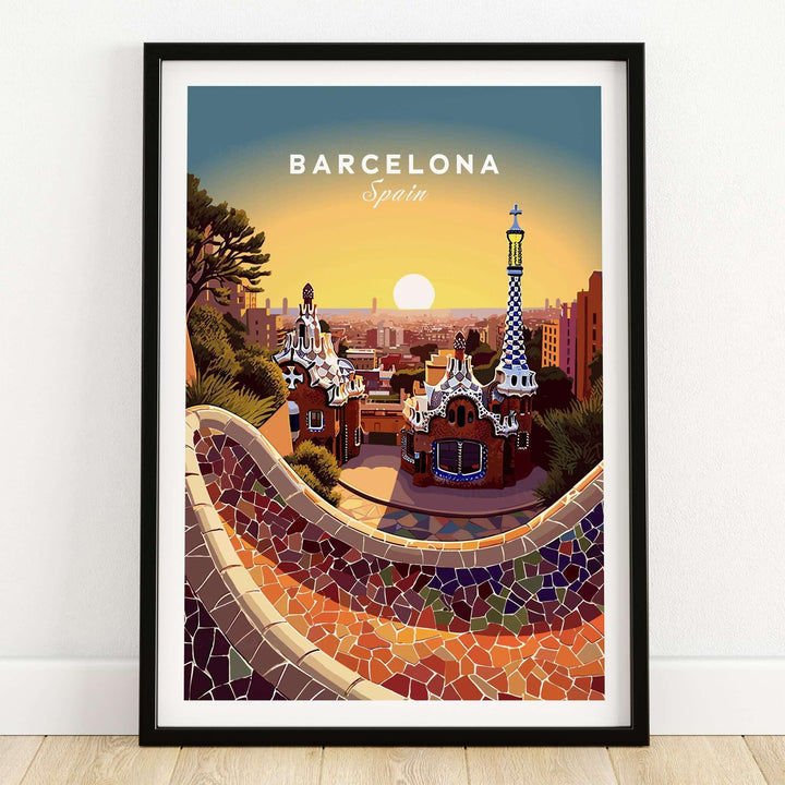 Barcelona Travel Poster Print featuring vibrant sunset view of Park Güell in Spain.