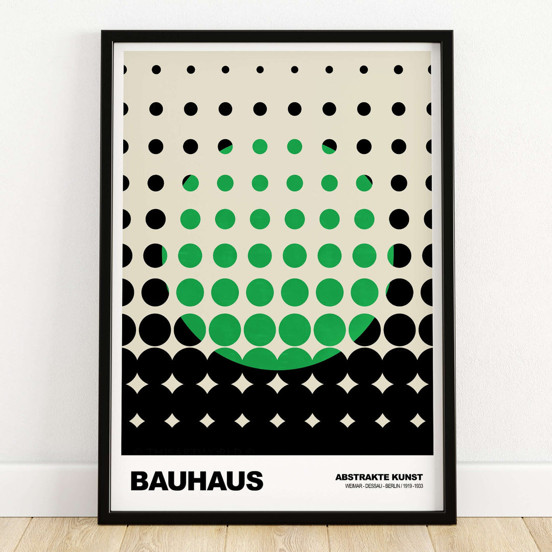 Bauhaus Exhibition Prints - Abstract Circle Pattern Art Print Green Black Dot Gradient featuring circles in green and black.