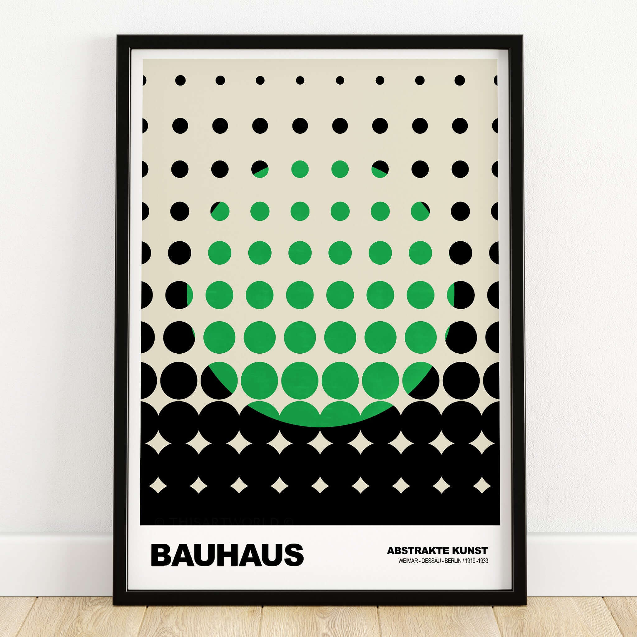 Bauhaus Exhibition Prints - Abstract Circle Pattern Art Print Green Black Dot Gradient featuring circles in green and black.