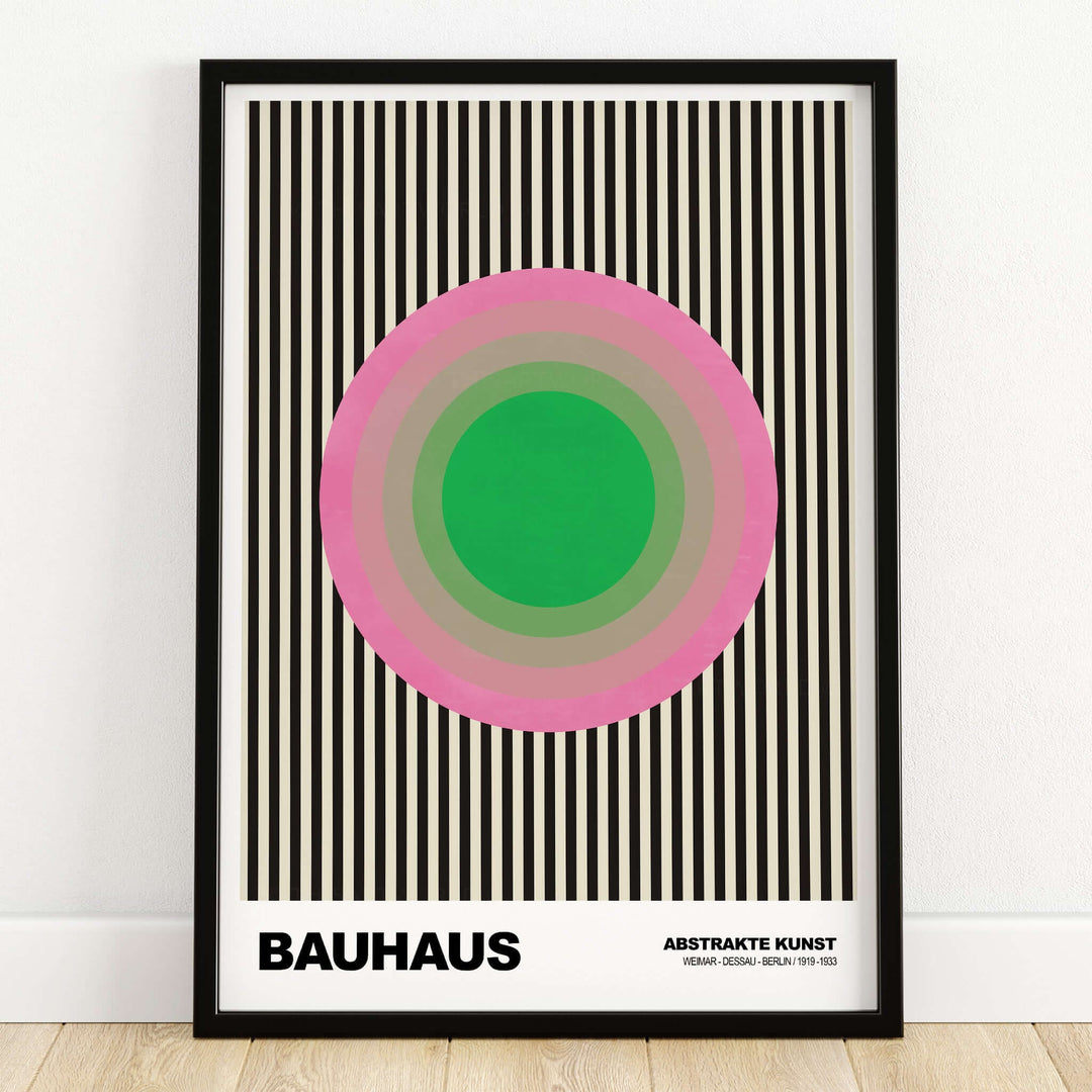 Bauhaus Exhibition Prints - Concentric Circles Poster Pink Green Striped Art featuring concentric circles on striped background.