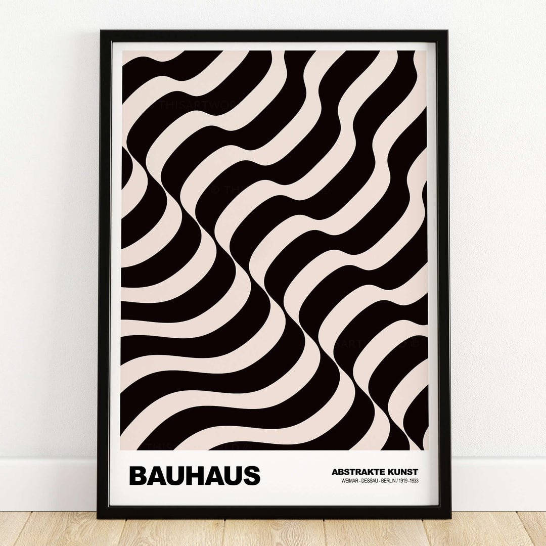 Bauhaus Exhibition Prints - Thick Undulating Waves Poster Black Cream Abstract Art framed print featuring bold, wavy patterns.