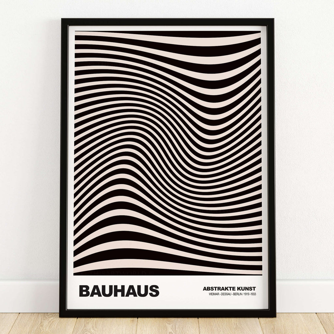 Bauhaus Exhibition Prints -  Optical Wave Lines Art Print Black Cream Abstract featuring wavy black and cream lines.