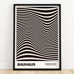 Bauhaus Exhibition Prints -  Optical Wave Lines Art Print Black Cream Abstract featuring wavy black and cream lines.