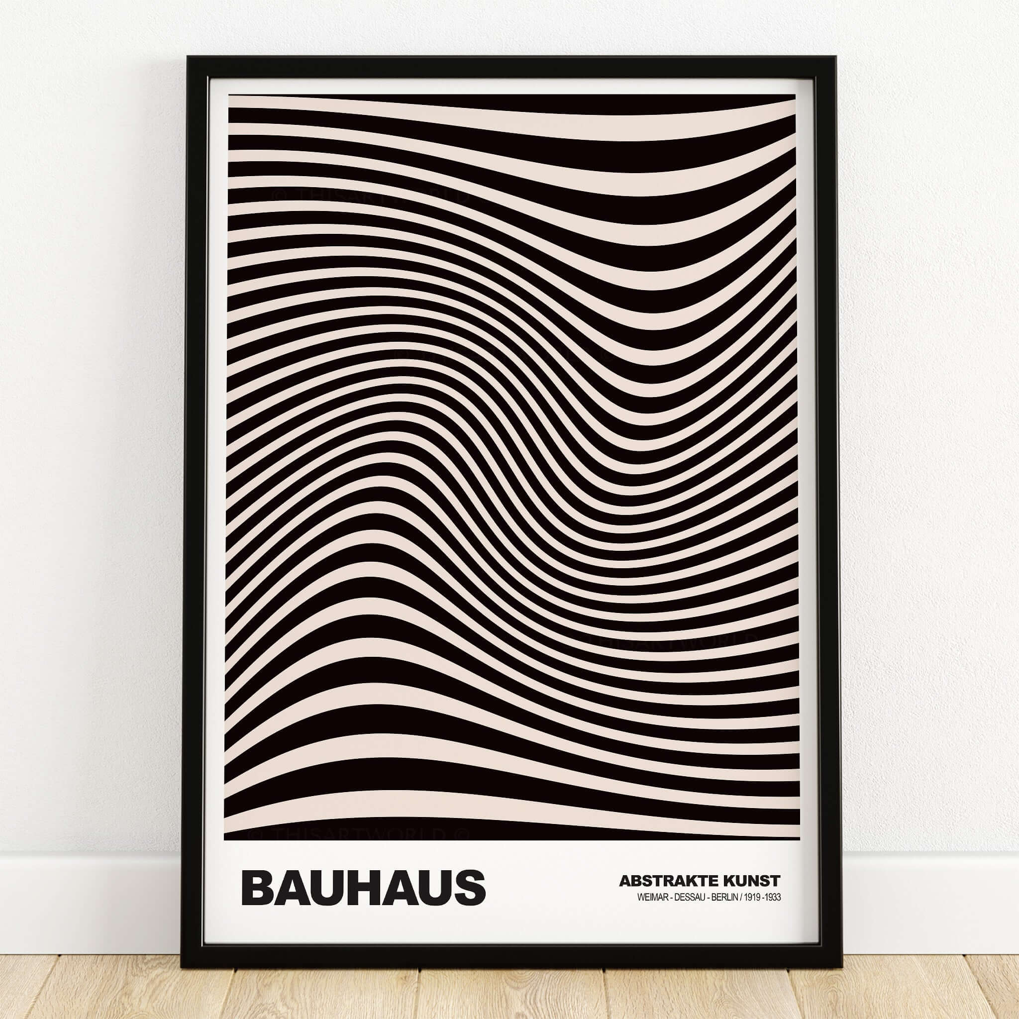 Bauhaus Exhibition Prints -  Optical Wave Lines Art Print Black Cream Abstract featuring wavy black and cream lines.