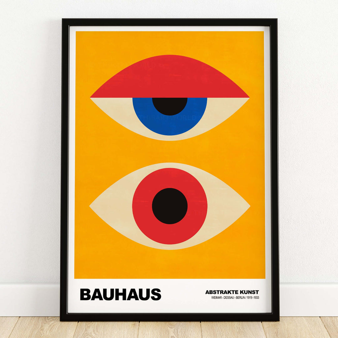 Bauhaus Exhibition Prints - Abstract Eyes Poster Geometric Orange Red Blue Art with vibrant eyes on yellow background.