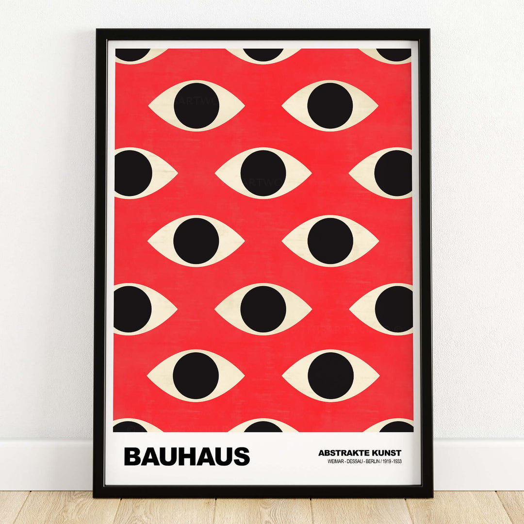 Bauhaus Exhibition Prints - Repeating Eyes Pattern Poster Red Black Cream Art showcasing a vibrant red background with abstract eyes.