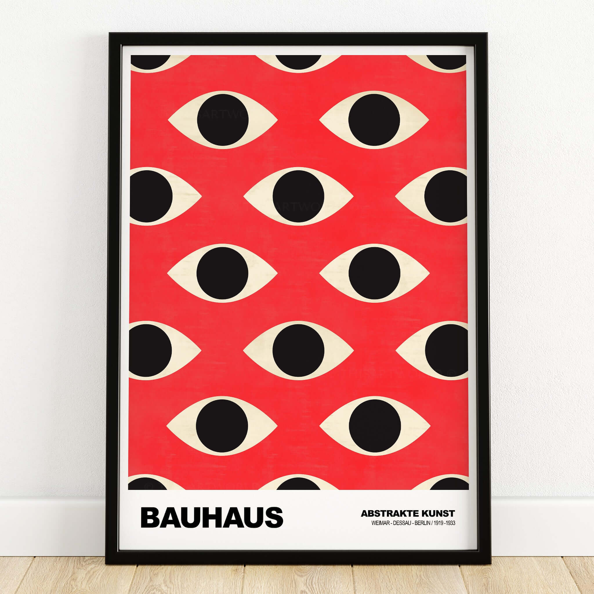 Bauhaus Exhibition Prints - Repeating Eyes Pattern Poster Red Black Cream Art showcasing a vibrant red background with abstract eyes.