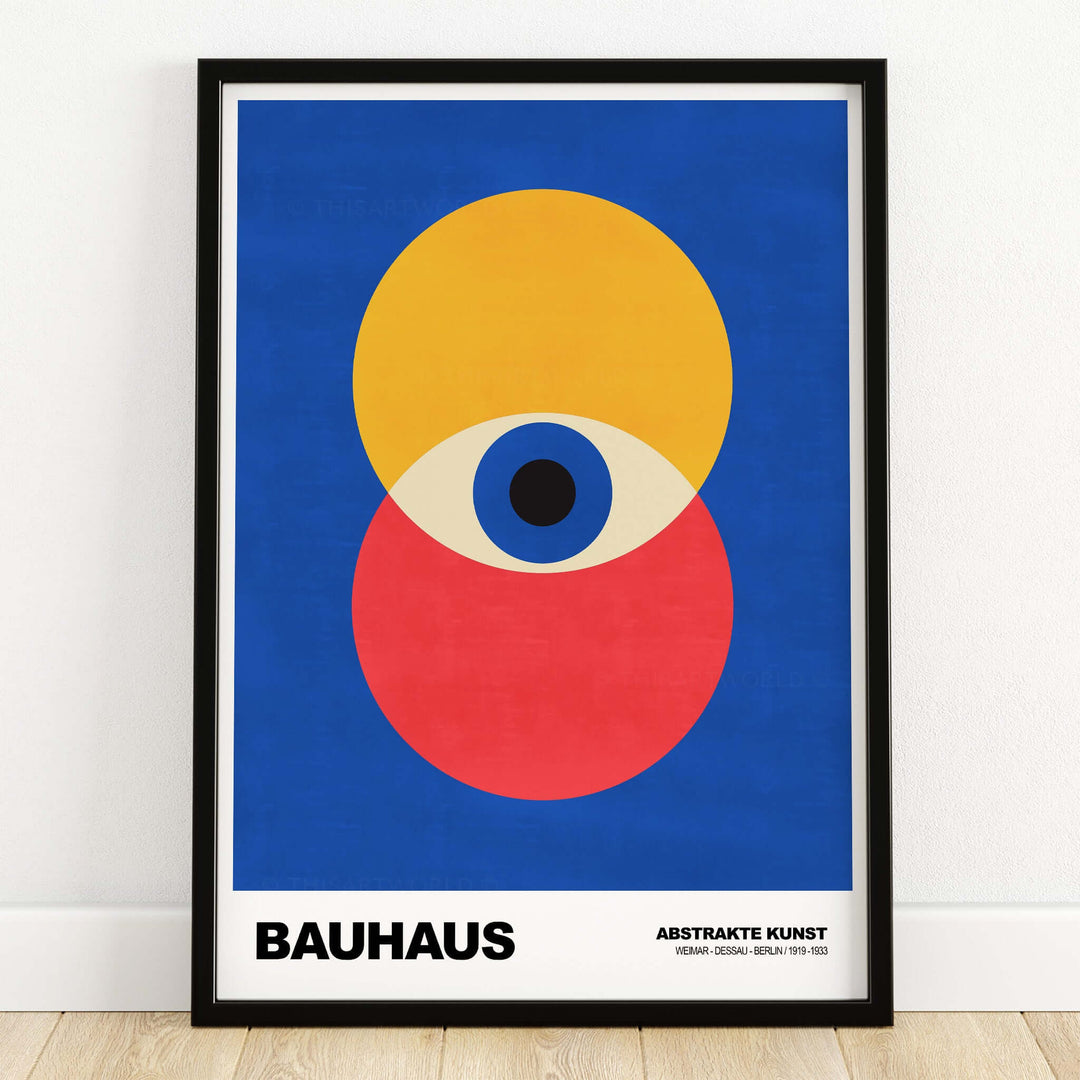 Bauhaus Exhibition Prints - Abstract Eye Circles Poster - Blue Yellow Red Primary Art featuring bold colors and geometric shapes.