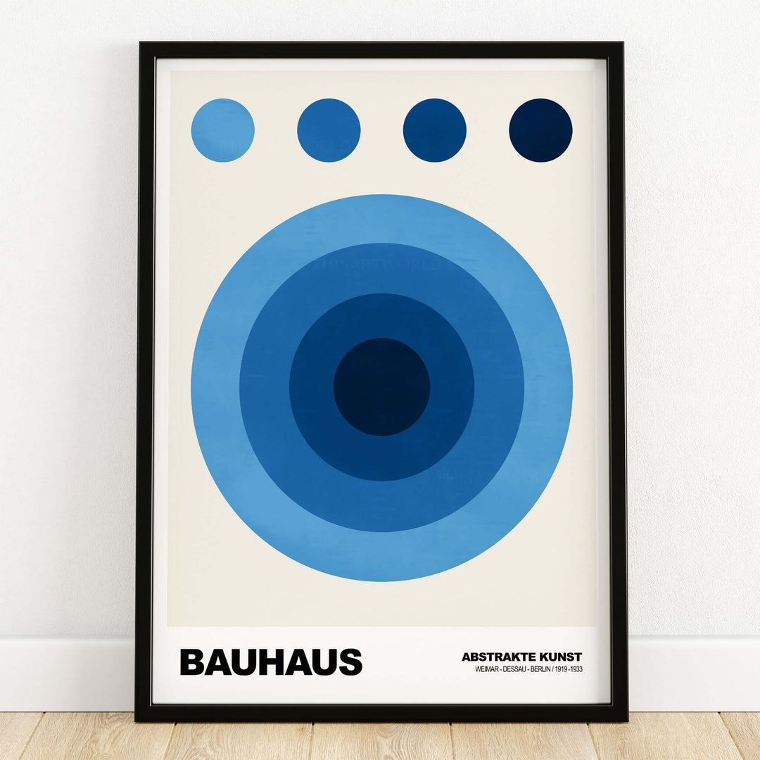 Bauhaus Exhibition Prints - Abstract Blue Circles Poster Geometric Design featuring concentric blue circles.