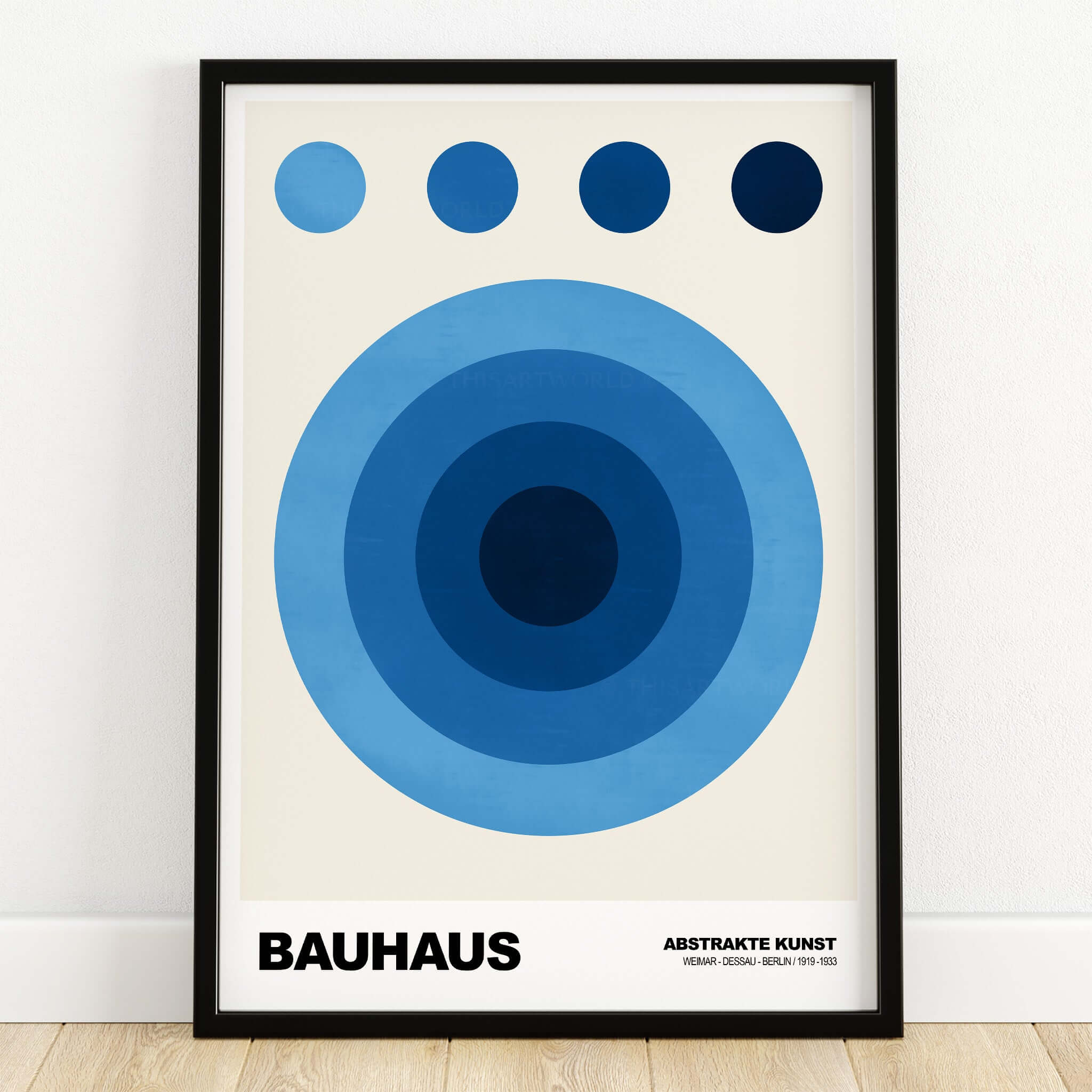 Bauhaus Exhibition Prints - Abstract Blue Circles Poster Geometric Design featuring concentric blue circles.