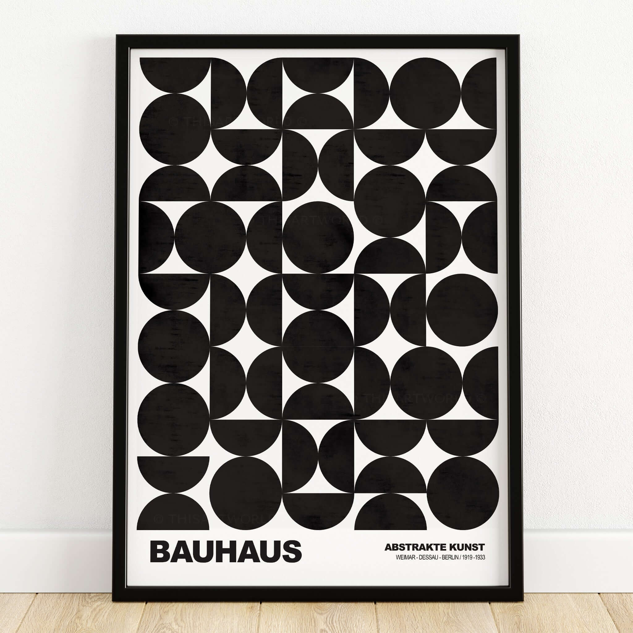 Bauhaus Exhibition Prints - Geometric Circle Shapes Art Print Black White Pattern featuring black geometric circles on white background.