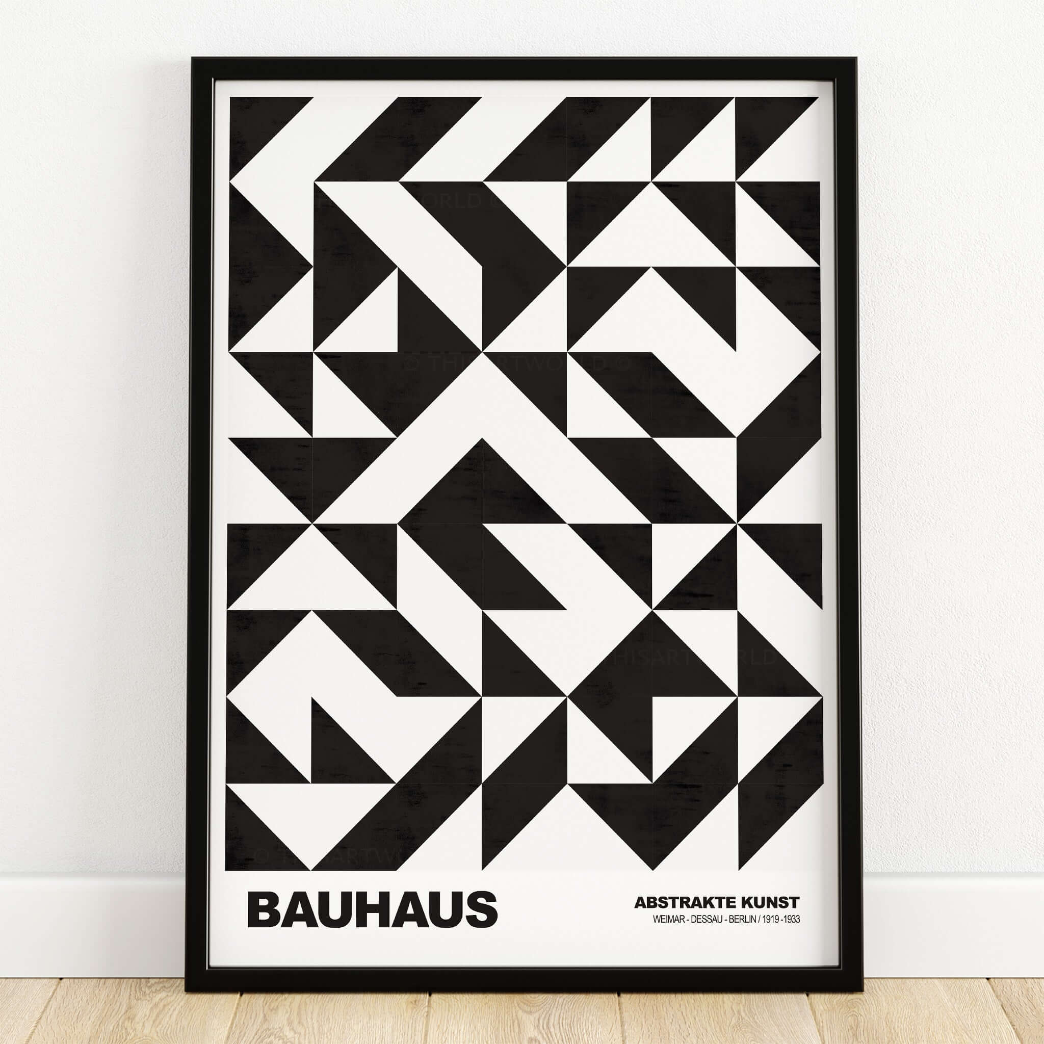 Bauhaus Exhibition Prints - Geometric Triangle Pattern Poster Black White Abstract with intricate black and white triangular design.