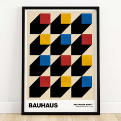 Bauhaus Exhibition Prints - Isometric Cubes Art Print Red Yellow Blue Design featuring geometric patterns and bold colors.