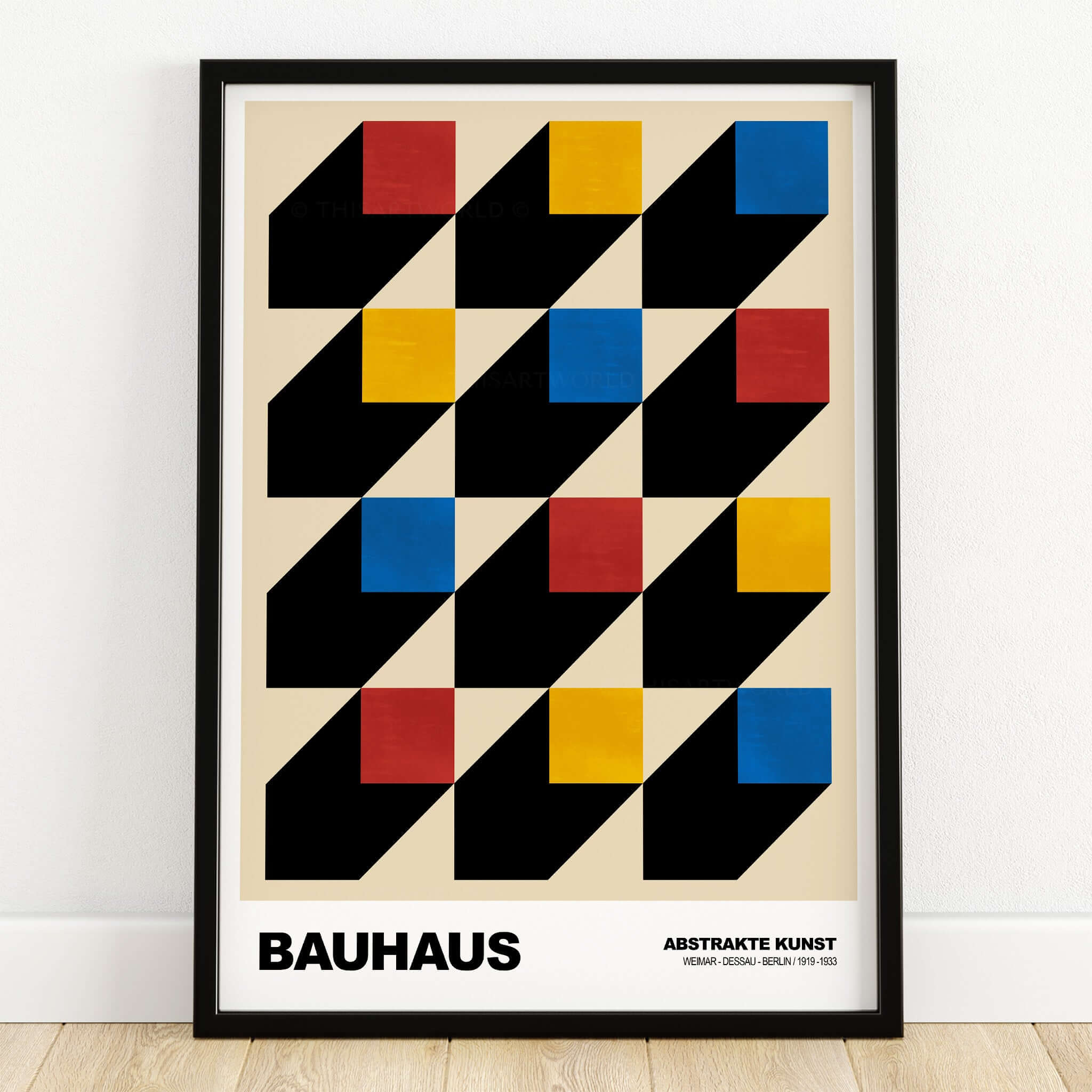 Bauhaus Exhibition Prints - Isometric Cubes Art Print Red Yellow Blue Design featuring geometric patterns and bold colors.