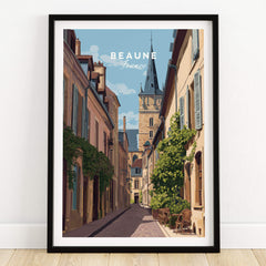 Beaune Travel Poster – Burgundy France Wall Art showcasing a charming medieval street in Beaune, France with colorful architecture.