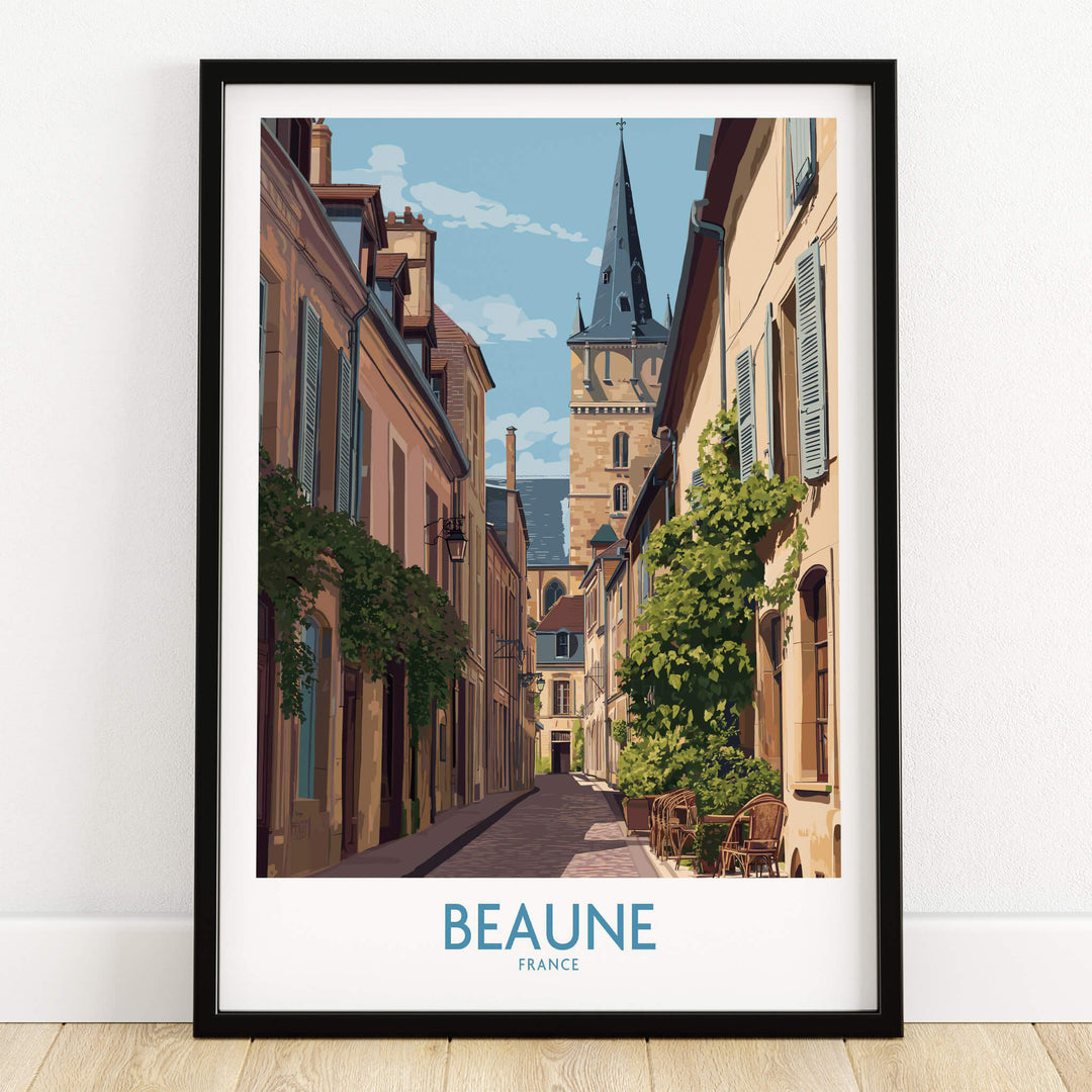Beaune France Wall Art – Village Print showcasing a charming street scene in Beaune, depicting medieval architecture.