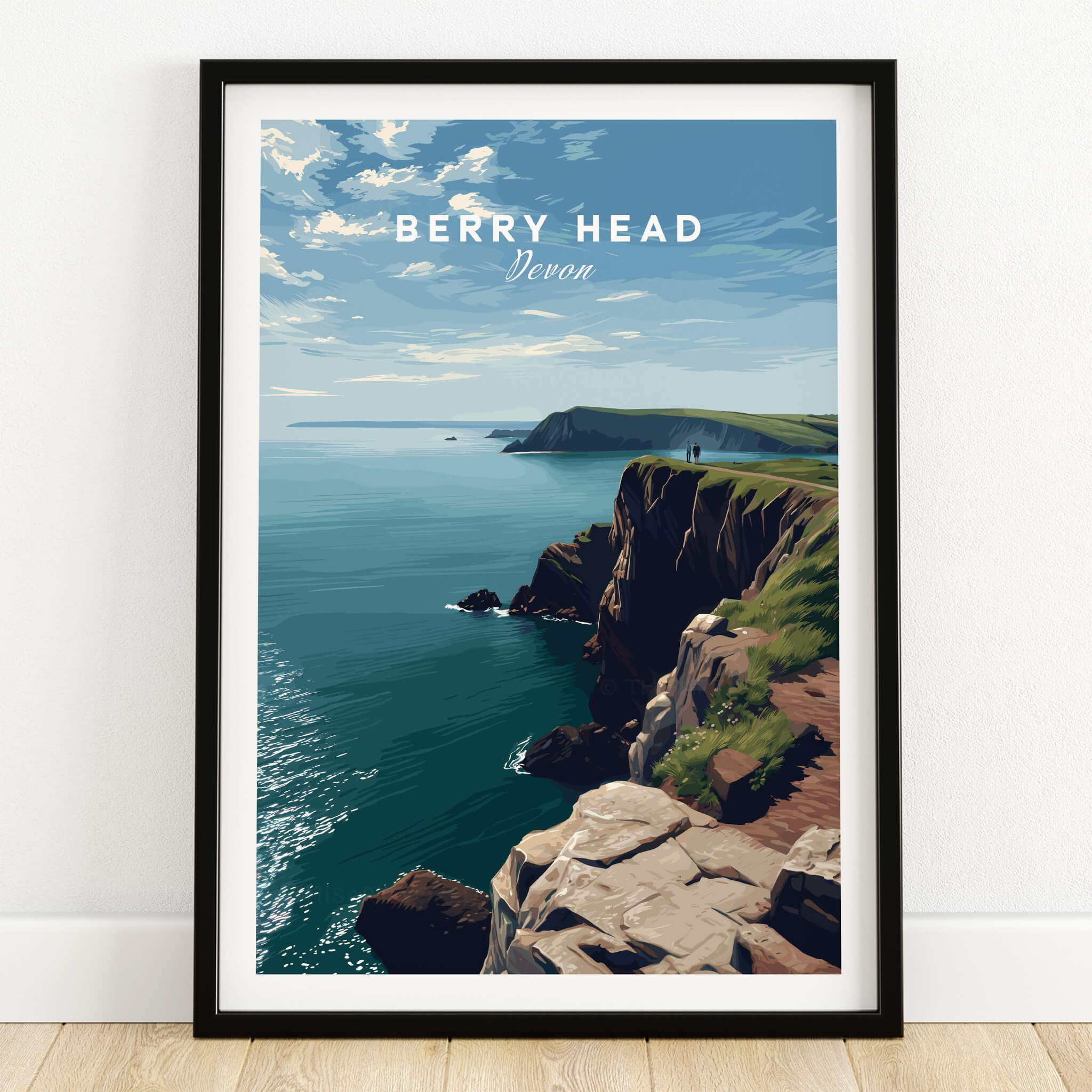 Berry Head Travel Poster – Devon Coastal Cliffs and Ocean View Print showcasing cliffs and ocean scenery.