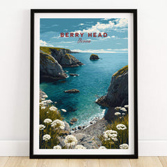 Berry Head Travel Poster – South Devon Coastline and Wildflower Art showcasing coastal cliffs and wildflowers.