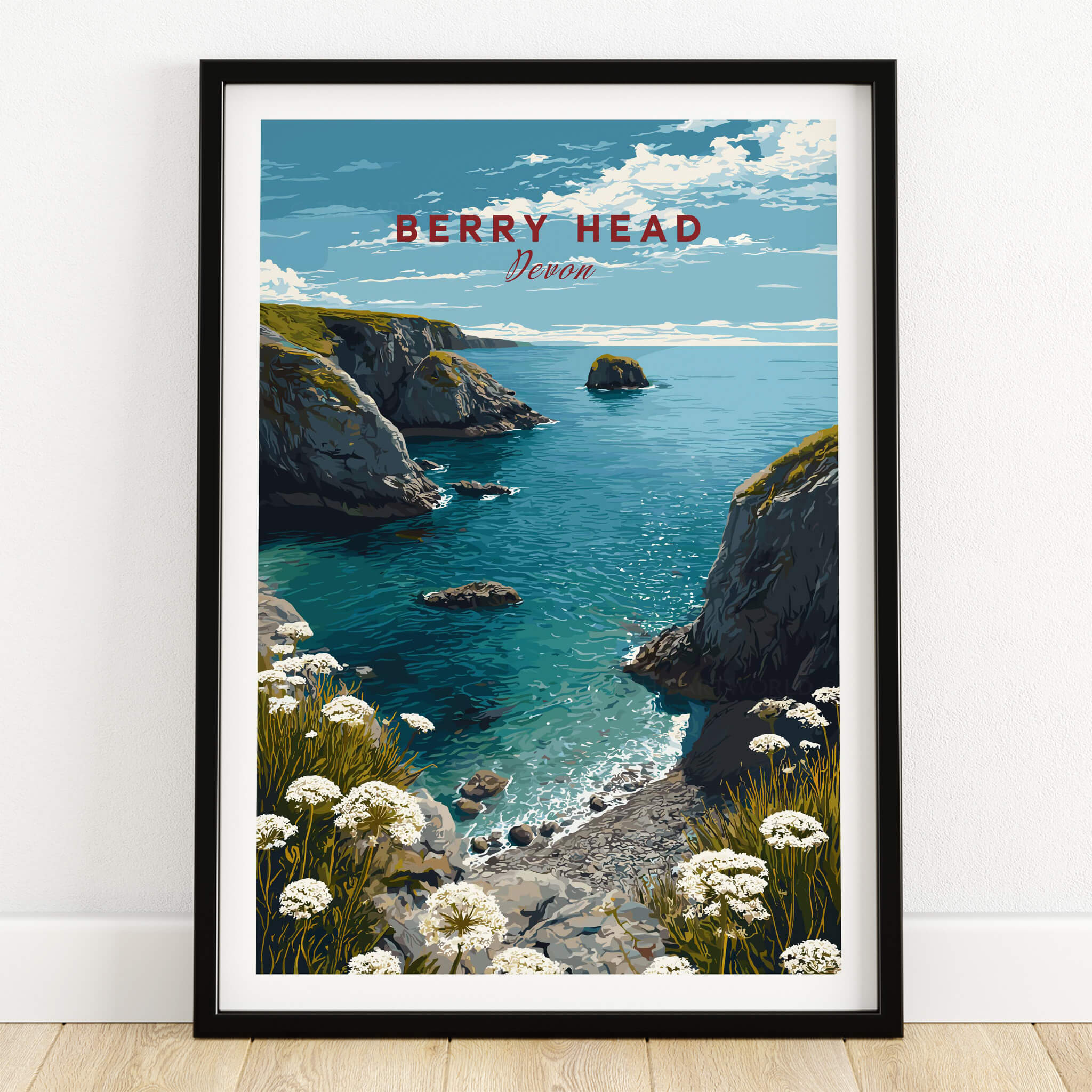 Berry Head Travel Poster – South Devon Coastline and Wildflower Art showcasing coastal cliffs and wildflowers.