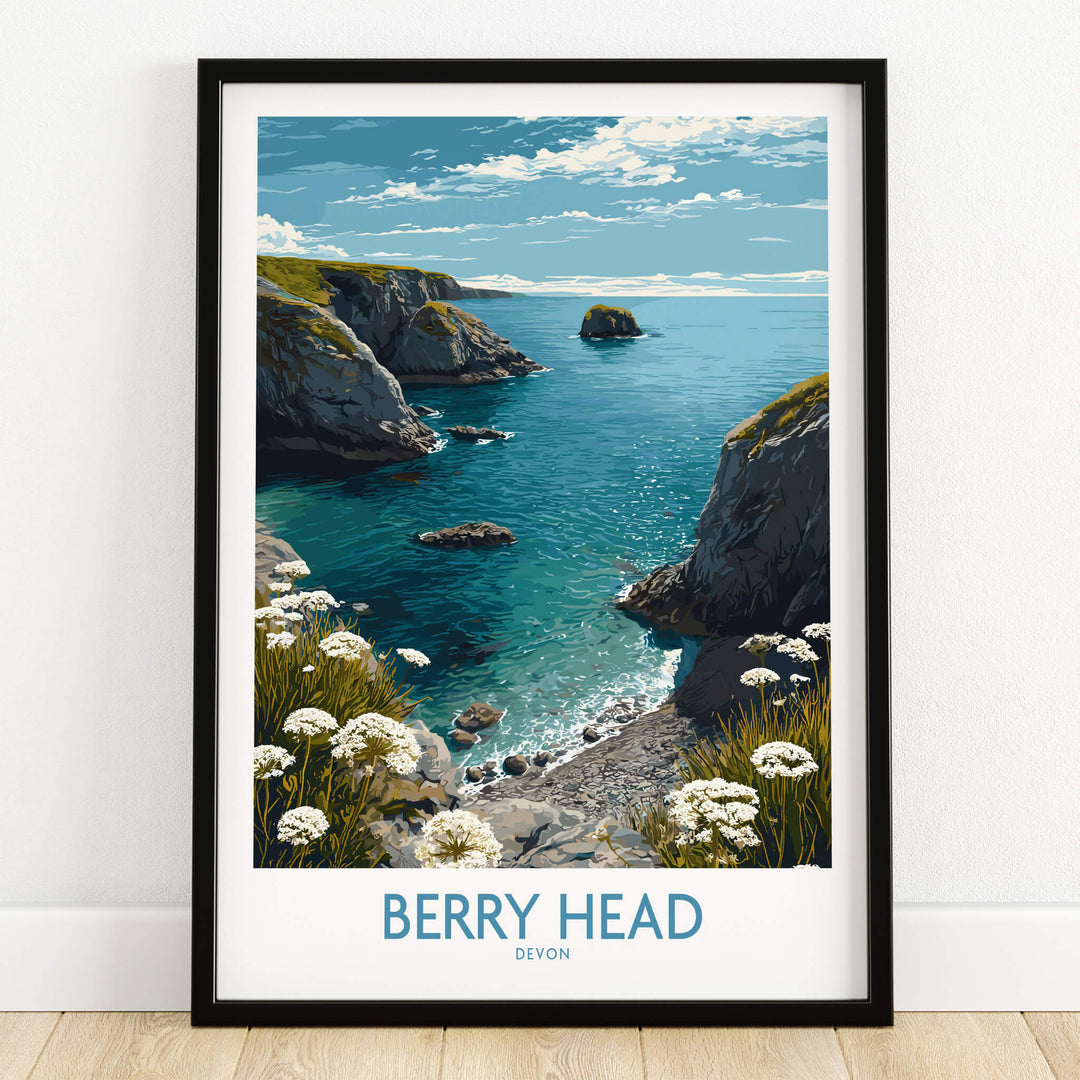 Berry Head Devon Print – Rocky Cliffs and Turquoise Sea Wall Decor featuring coastal cliffs and serene waters.