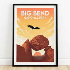 Big Bend National Park art print in black frame with orange sunset, mountains, and flying eagle