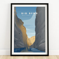 Big Bend National Park art print in black frame on wooden floor, canyon landscape wall art