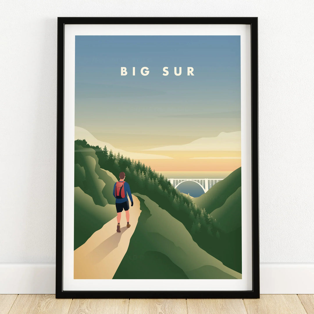 Big Sur art print with hiker on mountain trail, bridge and sunset landscape wall decor