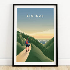 Big Sur art print with hiker on mountain trail, bridge and sunset landscape wall decor