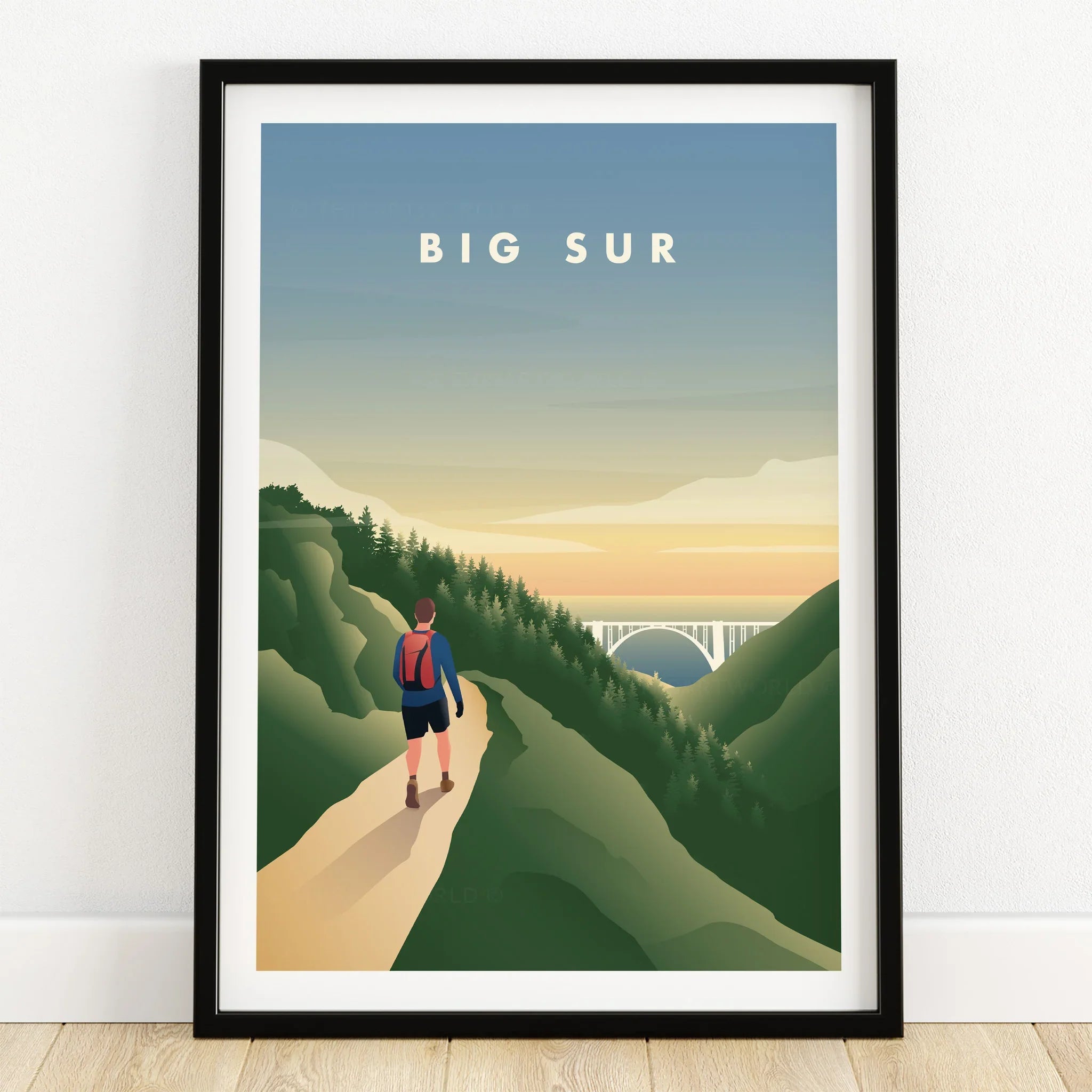 Big Sur art print with hiker on mountain trail, bridge and sunset landscape wall decor