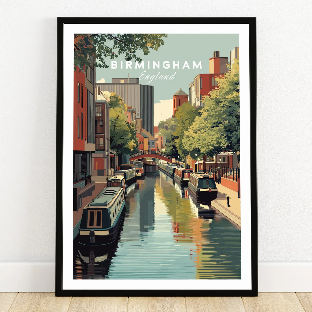 Birmingham England canal art print in black frame on wooden floor, skyline and boats