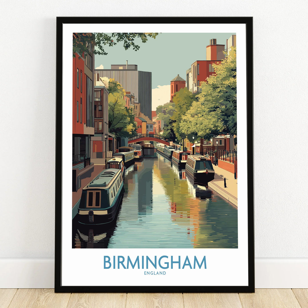 Birmingham England canal travel poster in black frame on wooden floor, cityscape wall art