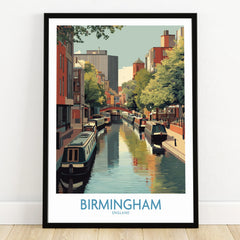 Birmingham England canal travel poster in black frame on wooden floor, cityscape wall art