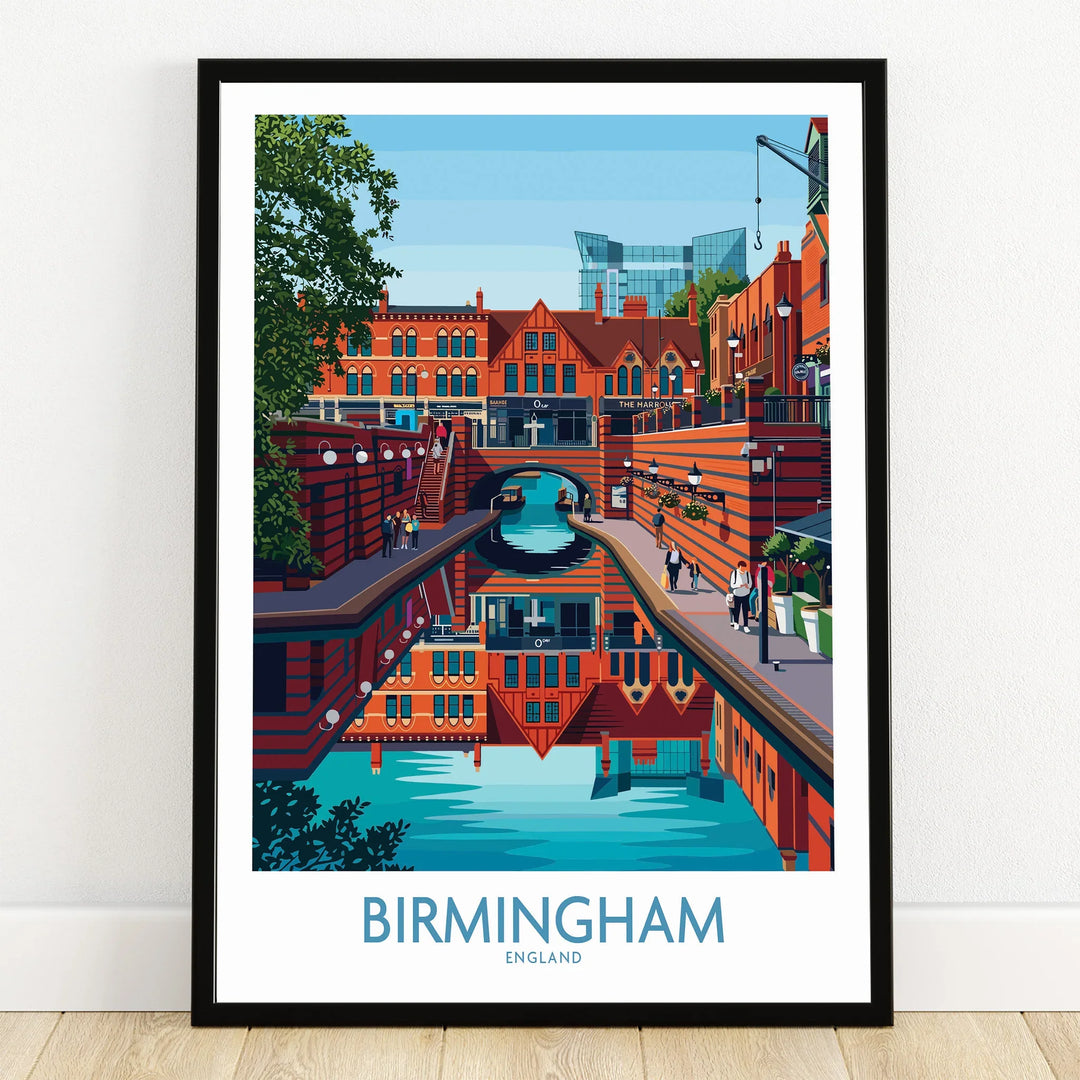 Birmingham England travel poster print in black frame with city canal skyline illustration