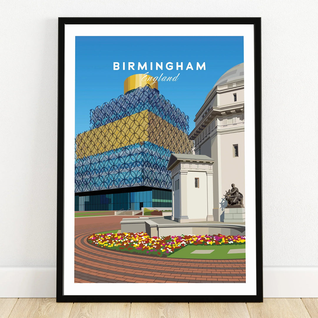 Birmingham art print in black frame, modern cityscape with historic and contemporary buildings