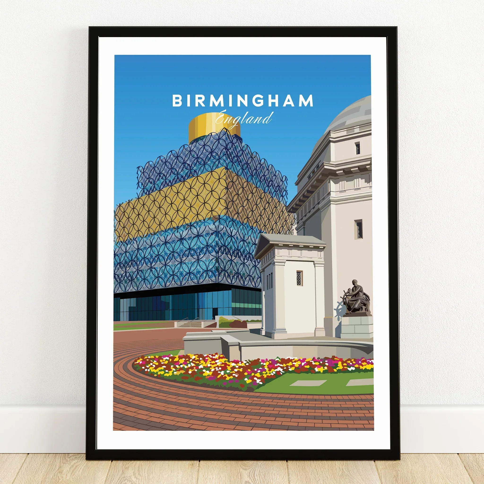 Birmingham art print in black frame, modern cityscape with historic and contemporary buildings