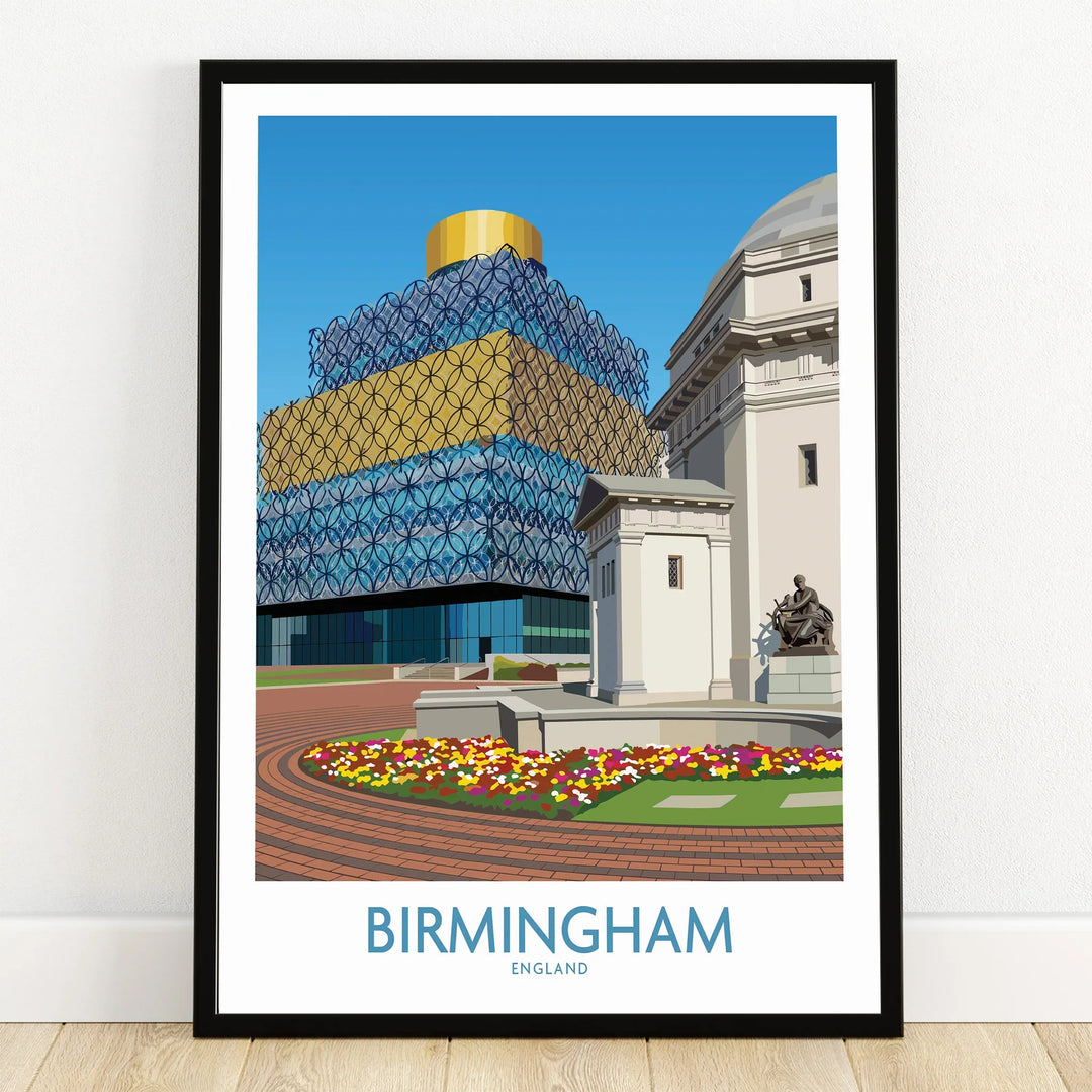 Birmingham England skyline art print in black frame, colorful modern and classical buildings, flowers