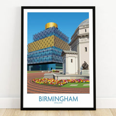 Birmingham England skyline art print in black frame, colorful modern and classical buildings, flowers