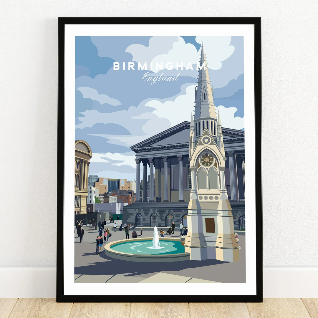 Birmingham England cityscape art print in black frame on wooden floor, wall art decor