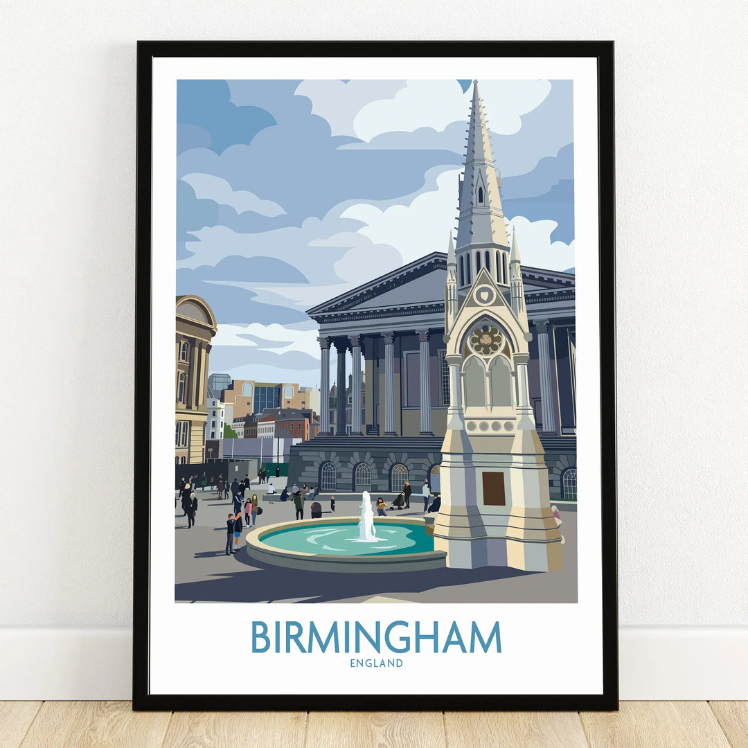 Birmingham city skyline art print in black frame on wooden floor, featuring iconic landmarks.