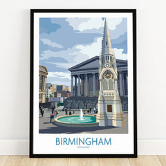 Birmingham city skyline art print in black frame on wooden floor, featuring iconic landmarks.