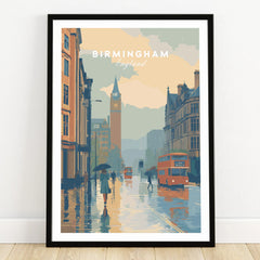 Framed Birmingham England travel poster art print with city skyline and vintage buses.