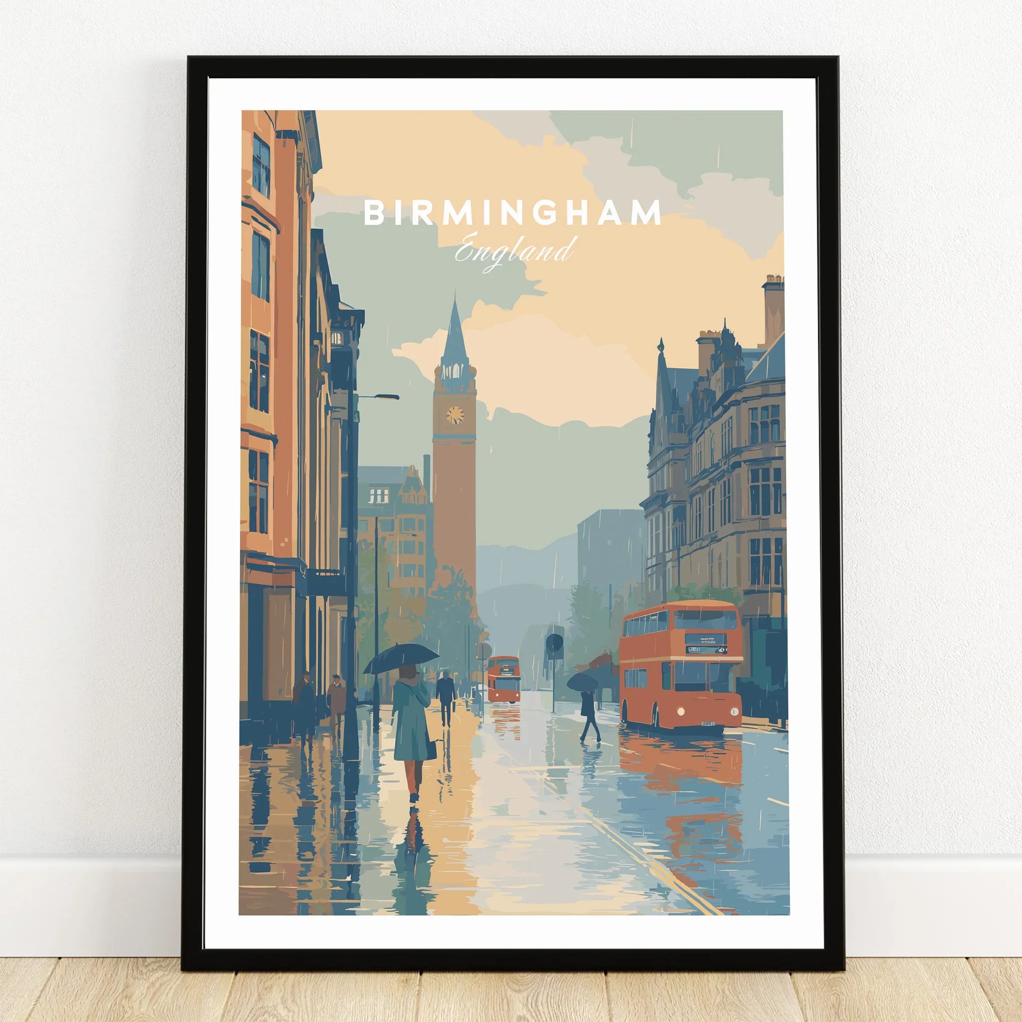 Framed Birmingham England travel poster art print with city skyline and vintage buses.