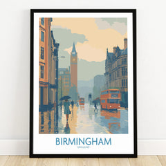 Birmingham city skyline art print in black frame on wooden floor, featuring buses and clock tower.