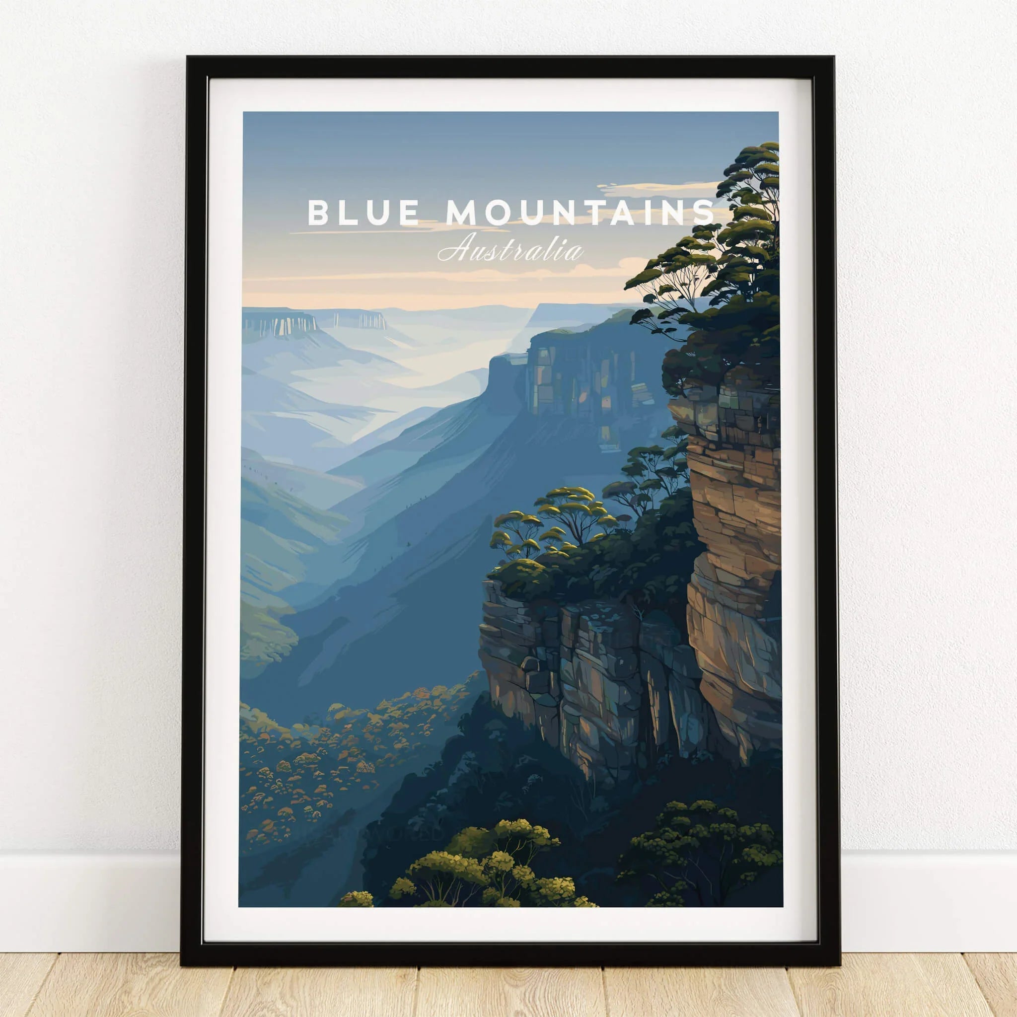 Blue Mountains Australia travel poster art print in black frame on wooden floor