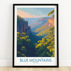 Blue Mountains Australia art print in black frame, featuring scenic landscape wall decor